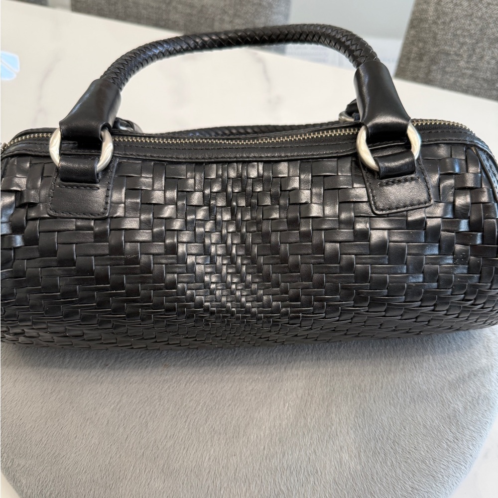 Cole Haan Black Woven Leather Mini Barrel Satchel